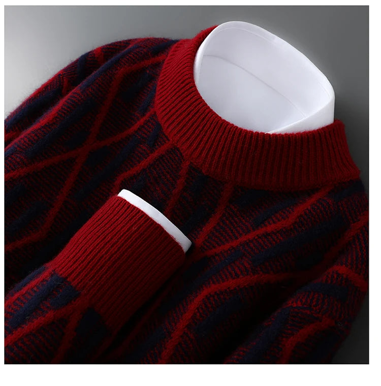 New 100% Pure Wool Cashmere Men's Mock-Neck Pullover Autumn And Winter Color Matching Top Casual Thick Fashion Large Size Jacket