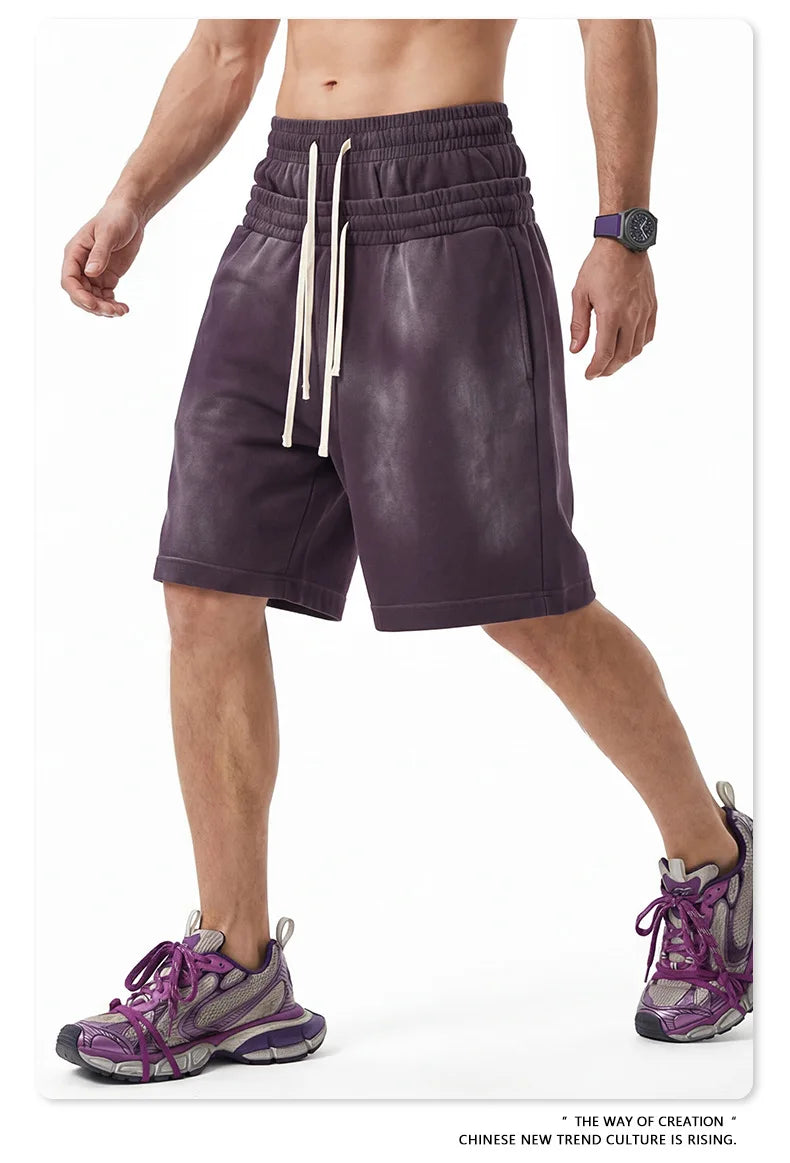 Custom LOGO men's 320G heavy 100% washed and old double waist high waist medium pants loose casual sports five-point shorts