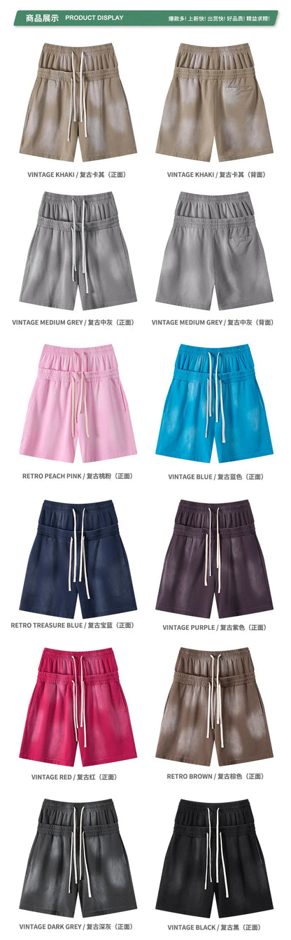 Custom LOGO men's 320G heavy 100% washed and old double waist high waist medium pants loose casual sports five-point shorts