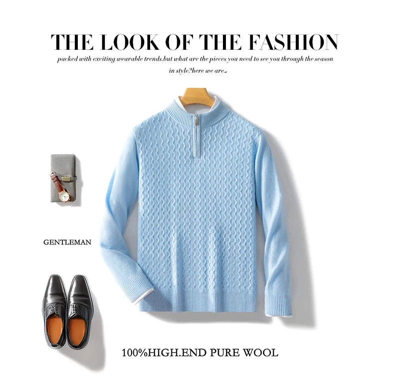 2024 Autumn Winter New Men's Half-High-Neck Thick 100% Pure Wool Sweater Long-Sleeved Business Warm Cashmere Bottoming Shirt Top