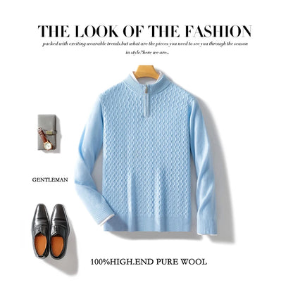 2024 Autumn Winter New Men's Half-High-Neck Thick 100% Pure Wool Sweater Long-Sleeved Business Warm Cashmere Bottoming Shirt Top