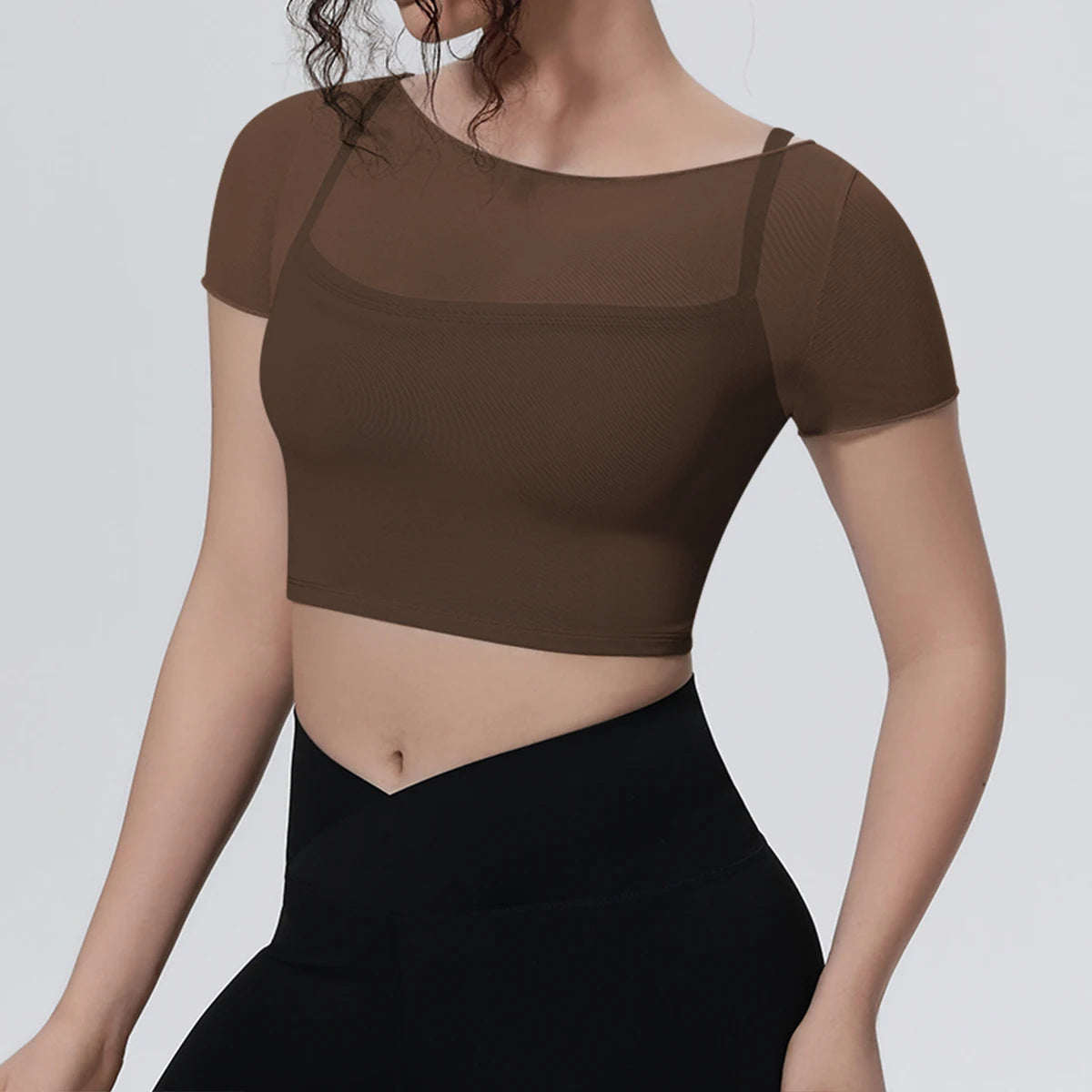 Hearuisavy Women's Mesh Short Sleeve Yoga Top With Padded Bra Fake Two Piece Gym Clothing Quick Dry Sports Crop Top Fitness Top