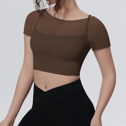Hearuisavy Women's Mesh Short Sleeve Yoga Top With Padded Bra Fake Two Piece Gym Clothing Quick Dry Sports Crop Top Fitness Top