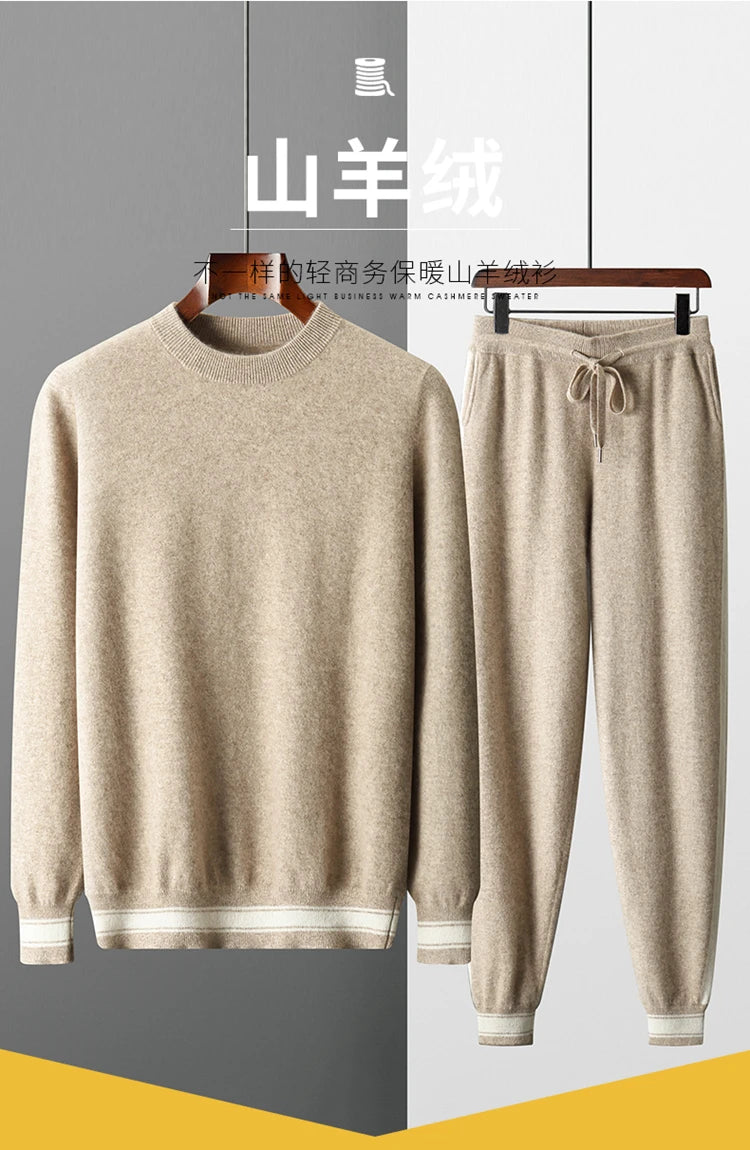 Autumn and Winter 100% Pure Cashmere 2-Piece set Men Loose and Warm Round Neck Pullover Sweater Knitted Casual Pencil Pants Suit