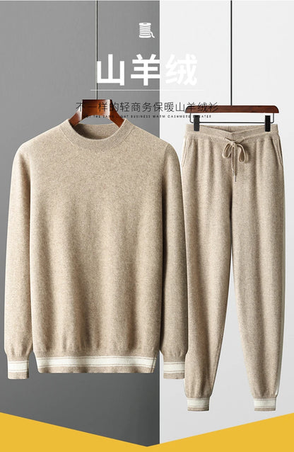Autumn and Winter 100% Pure Cashmere 2-Piece set Men Loose and Warm Round Neck Pullover Sweater Knitted Casual Pencil Pants Suit
