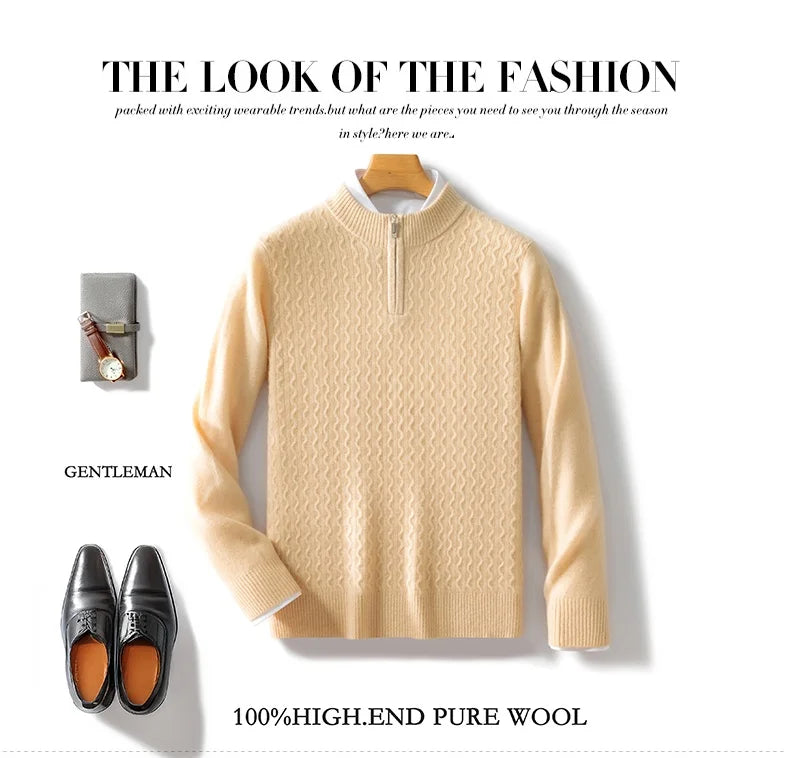 2024 Autumn Winter New Men's Half-High-Neck Thick 100% Pure Wool Sweater Long-Sleeved Business Warm Cashmere Bottoming Shirt Top