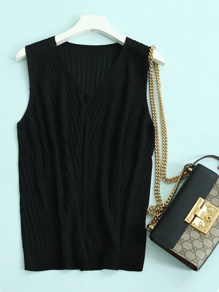SuyaDream. Women Knitted Tanks, 45%Silk 55%Lyocell, V neck, Sleeveless Chic T Shirt, 2025 Solid Summer Vests
