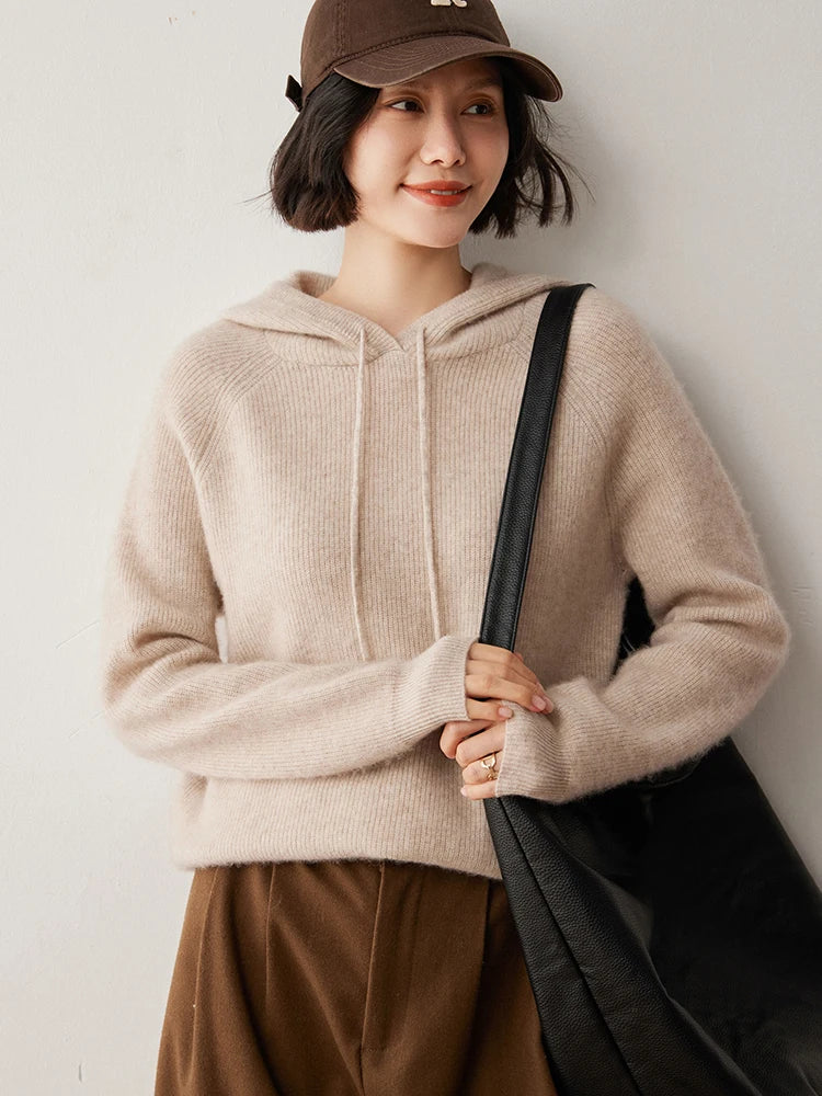 CHICUU Autumn Winter Women Hoodie Pullover Sweater 100% Cashmere Knitwear Soft Warm Casual Style Hooded Sweater Tops