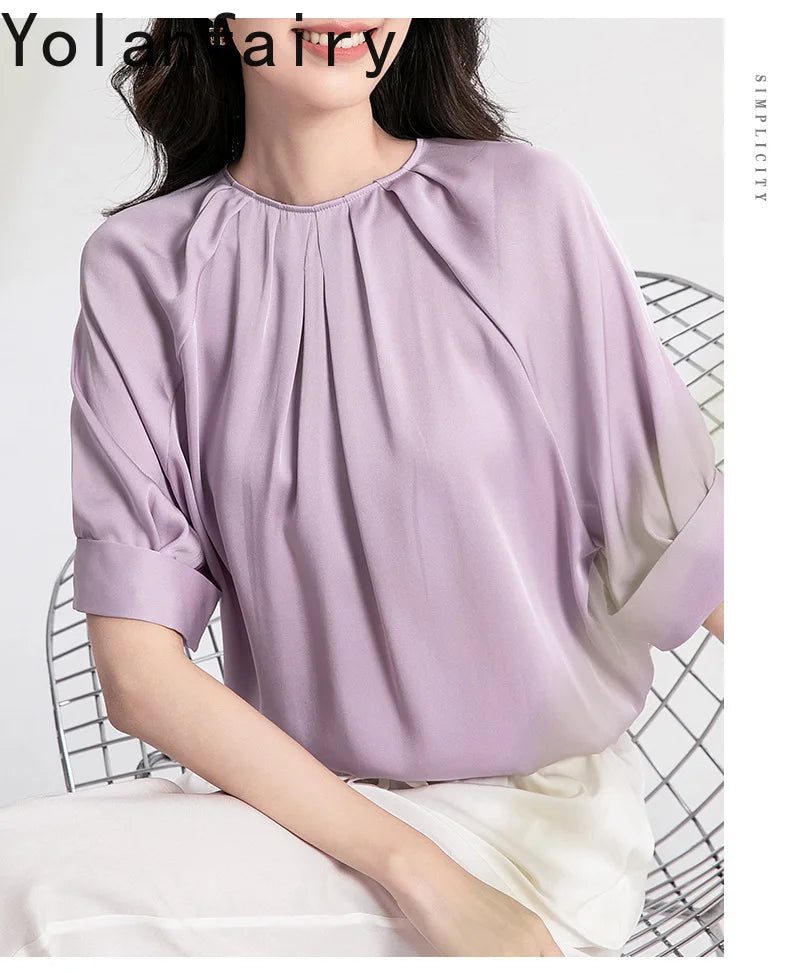 YOLANFAIRY 100% Real Mulberry Silk T Shirts for Women Summer 2026 Short Sleeve Tops O-neck Elegant Blouse Woman Tee Shirt Femme