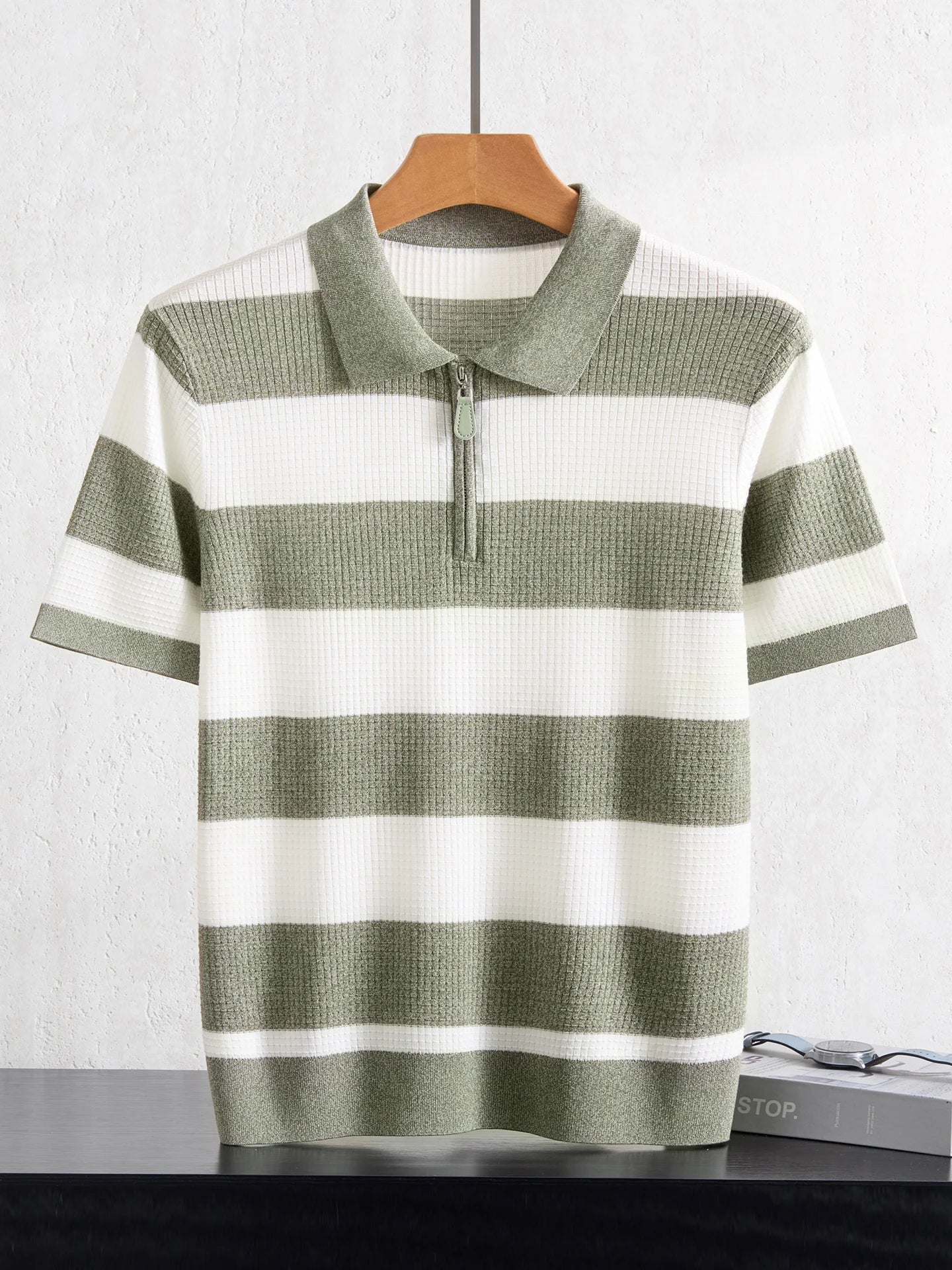 Men's 100% Lyocell POLO Collar Striped T-Shirt Knit Pullover Summer New Bussiness Casual Half-zip Short-sleeved Jumper Menswear