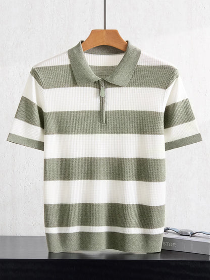 Men's 100% Lyocell POLO Collar Striped T-Shirt Knit Pullover Summer New Bussiness Casual Half-zip Short-sleeved Jumper Menswear