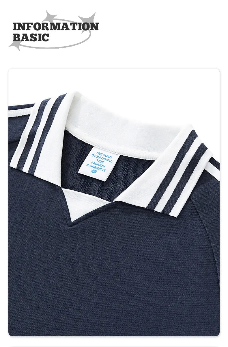 Custom LOGO men's American striped 100% cotton sweater 380G college style contrasting color lapel couple commuter sweater