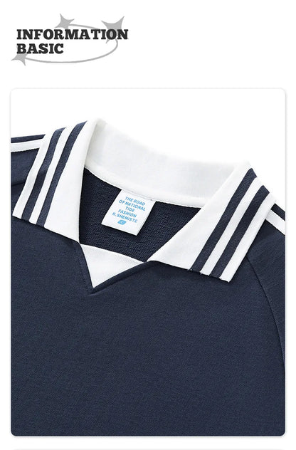 Custom LOGO men's American striped 100% cotton sweater 380G college style contrasting color lapel couple commuter sweater