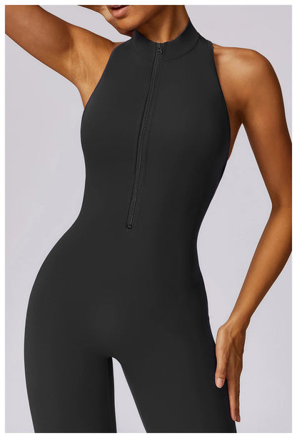 Summer V Back One-piece Suit Women Sports Jumpsuit Zippers Yoga Rompers Backless Sportswear Women Sleeveles Workout Bodysuits
