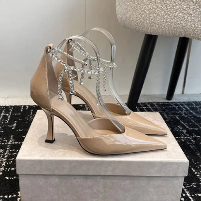 2025 Spring/Summer New Sexy and Versatile Hollow Pointed Shallow Mouth Fine Heel Chain Diamond High Heel Sandals for Women