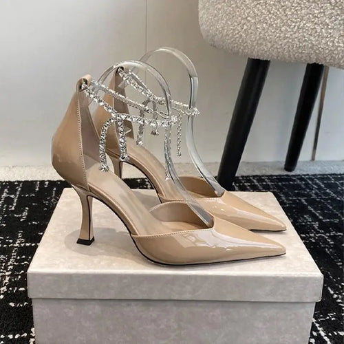 2025 Spring/Summer New Sexy and Versatile Hollow Pointed Shallow Mouth Fine Heel Chain Diamond High Heel Sandals for Women