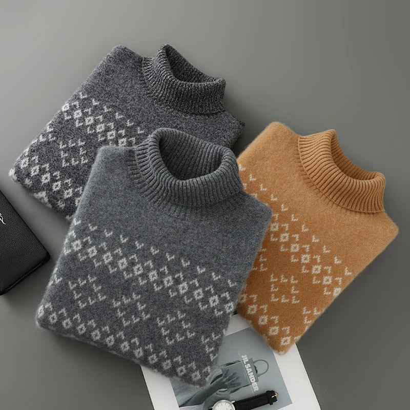 New 100% Pure Wool Cashmere Men's O-neck Pullover 2025 Autumn/Winter Color Matching Top Casual Thick Fashion Large Size Jacket