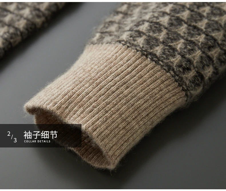 Men's Jacquard Striped 100% Pure Cashmere Pullover Sweater Autumn and Winter Thick base Sweater Casual Warm Clothing Men's Tops