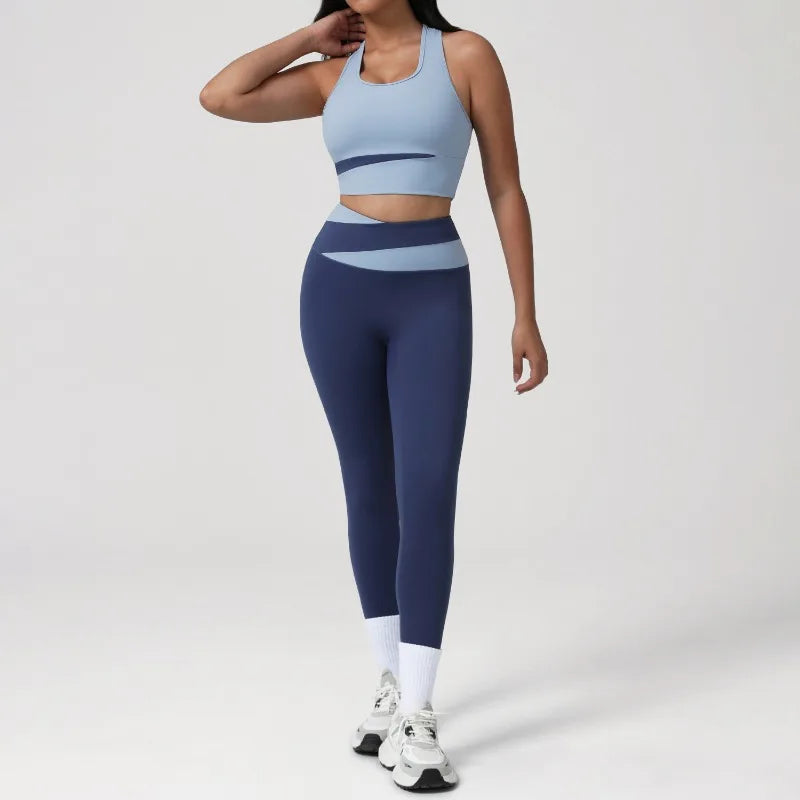 New Women's Color-Block Yoga Outfit Set Back Beauty Fitness Tank Top Long Sleeve Coat Hip-Lifting Leggings Running Fitness Set