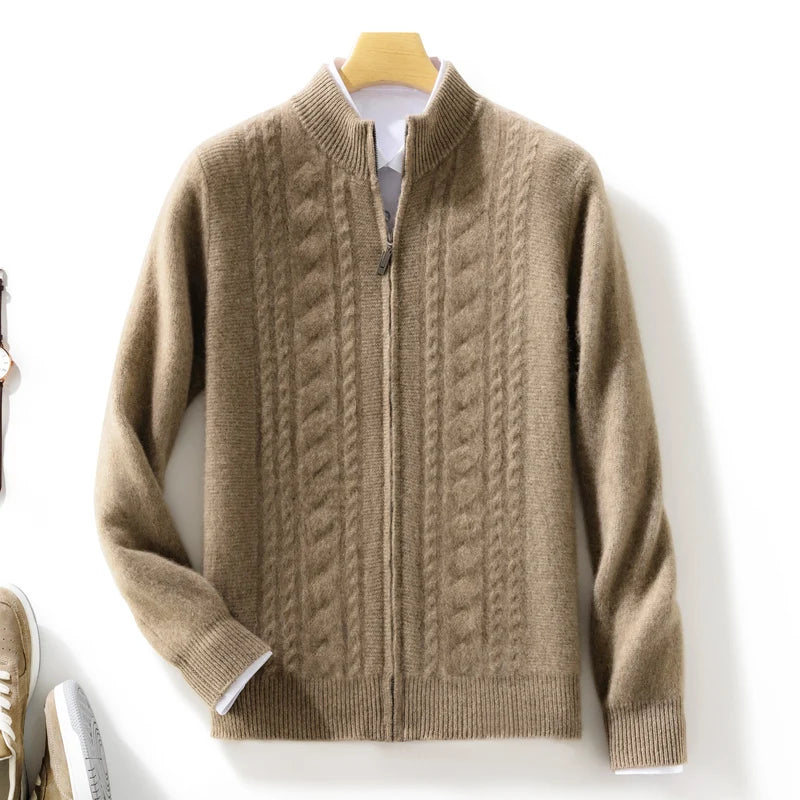 High Quality Men Mock Collar Twisted Cardigan Autumn Winter Thick Zipper 100% Merino Wool Sweater Casual Coat Cashmere Knitwear