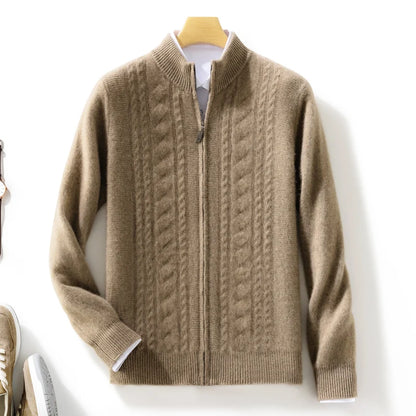 High Quality Men Mock Collar Twisted Cardigan Autumn Winter Thick Zipper 100% Merino Wool Sweater Casual Coat Cashmere Knitwear