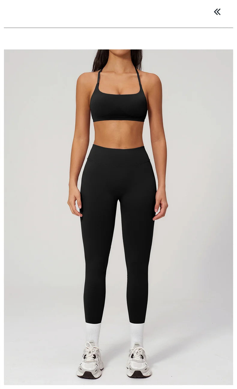 TRY TO BN Women Tracksuit 2 Piece Yoga Set Cross Bra High Waist V Waist Leggings Tummy Control Butt Lifting Workout Running Gym