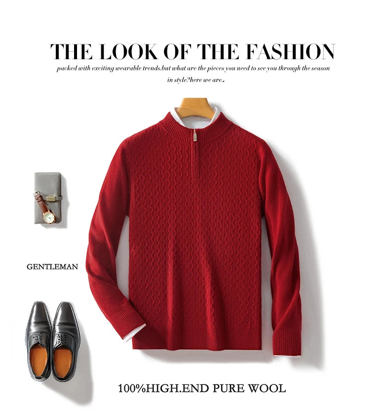 2024 Autumn Winter New Men's Half-High-Neck Thick 100% Pure Wool Sweater Long-Sleeved Business Warm Cashmere Bottoming Shirt Top