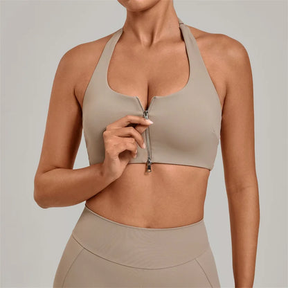 TRY TO BN Yoga Sports Bra Women's Zipper Halter Neck Naked Feeling Backless Underwear Fitness Tops Workout Running Gym Clothing
