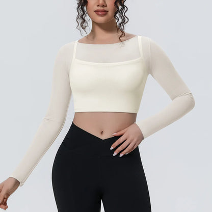 Hearuisavy Women's Mesh Long Sleeve Yoga Top With Padded Bra Fake Two Piece Gym Clothing Fitness Top Quick Dry Sports Crop Top