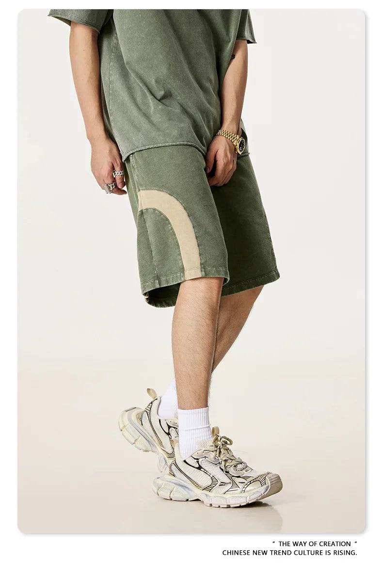 Customized LOGO men's summer European and American hip-hop style splicing contrasting shorts loose straight five-point pants