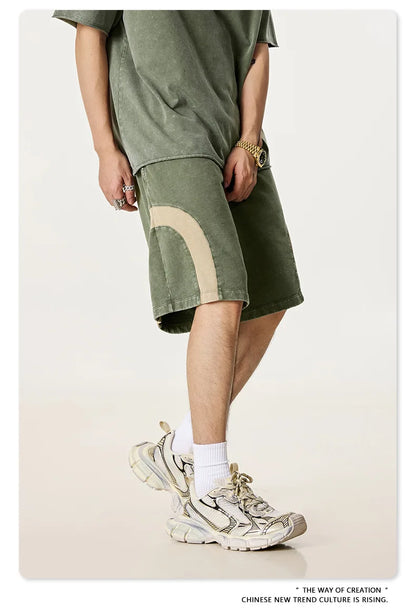 Customized LOGO men's summer European and American hip-hop style splicing contrasting shorts loose straight five-point pants