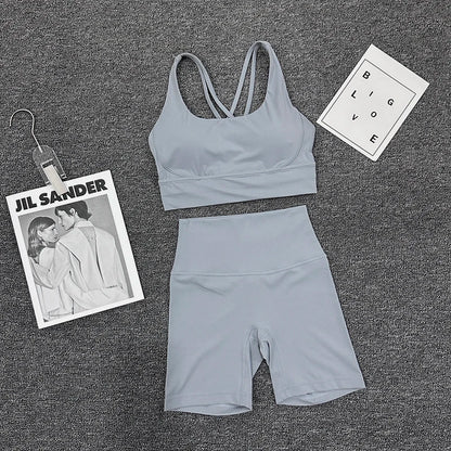 SOISOU Nylon Gym Yoga Set Women's Tracksuit Cycling Shorts Set Tight Elastic Short Chest Pad Removable Bra Womens Clothing