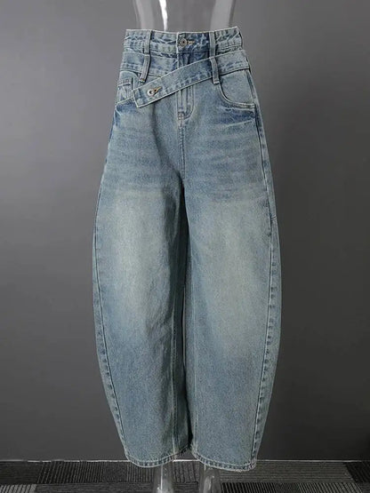 DEAT Fashion Cross Buckle Waist Baggy Jeans Women's High Waist Loose Fit Vintage Blue Denim Pants Sumemr New