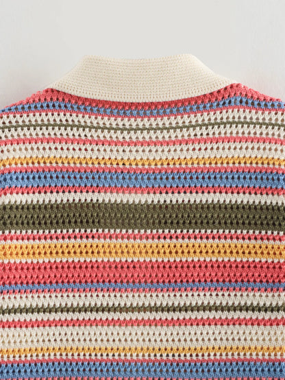 Women Patchwork Striped Hollow Out Crochet Knitted Crop Sweater Shorts Set Short Sleeve Polo Collar Sweater Knit Shorts Suit Y2K
