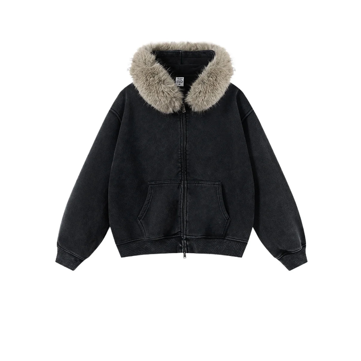 Custom LOGO Men's 400G Autumn Winter Retro Washed Boxy Fleece Collar Plush Thickened  Hooded  Zipper Jacket Couple style set