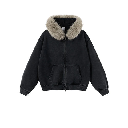 Custom LOGO Men's 400G Autumn Winter Retro Washed Boxy Fleece Collar Plush Thickened  Hooded  Zipper Jacket Couple style set