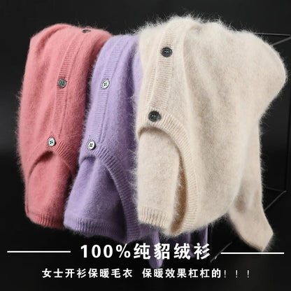 Women Cardigan Large Size Warm Pure Mink Cashmere Sweaters O-neck Loose Coat Female Sweater Ladies' Jacket Solid Knit Cardigans