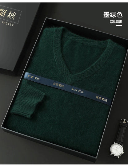 100% Pure Mink Cashmere Sweater Men's V-Neck Pullovers Knit Large Size Mink Sweater Winter New Long Sleeve High-End Jumpers Tops