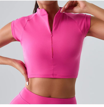 Zipper Sports Crop Top Women Short Sleeve Yoga Top Shirts Light Weight Gym Push Up Top Sports Shirt Running Workout Crop Tops