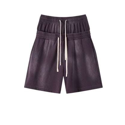 Custom LOGO men's 320G heavy 100% washed and old double waist high waist medium pants loose casual sports five-point shorts
