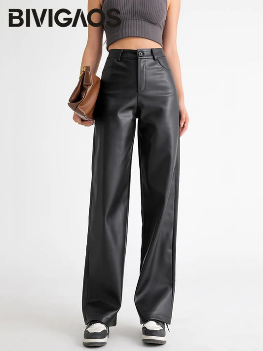 BIVIGAOS Fall Winter Fleece Loose Wide Leg Warm Leather Pants Women Button Pocket High Waist Thick PU Casual Straight Pants