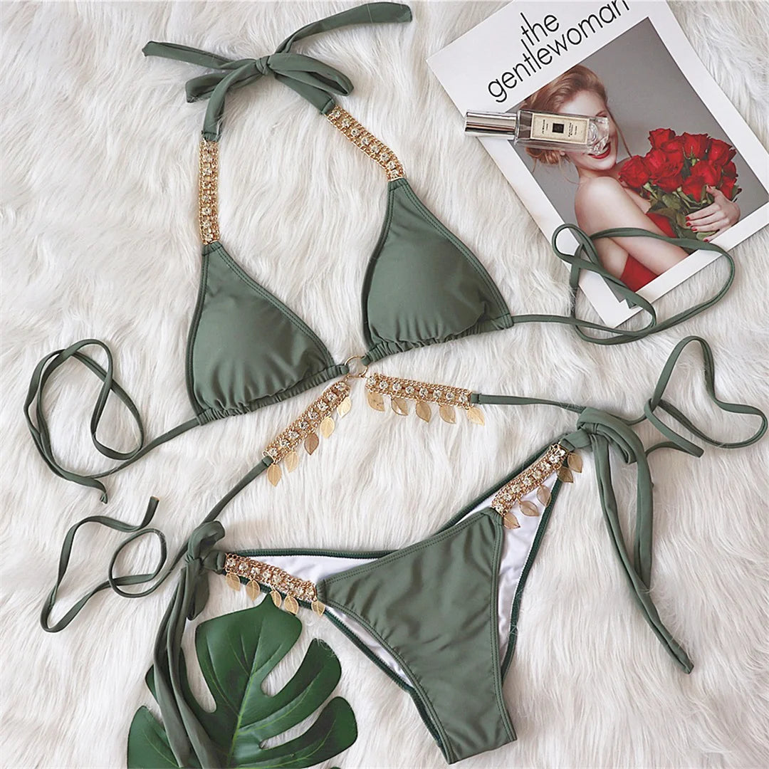 Jewelled Rhinestone Scrunch Butt Bikini Female Swimsuit Women Swimwear Two-pieces Bikini set Bather Bathing Suit Swim Lady V3396