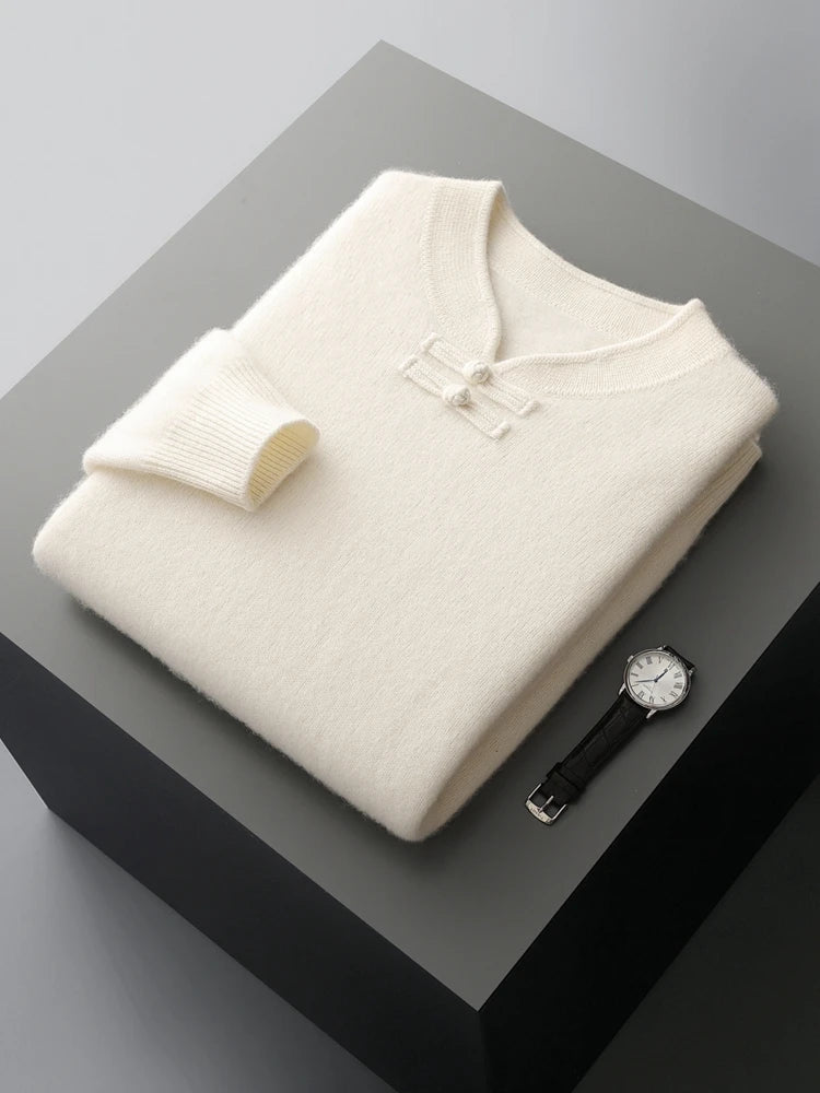 New Chinese Style Men's Pullover 100% Pure Wool Knit Sweater Autumn Winter Retro Stand Collar Long Sleeve Fashion Cashmere Tops