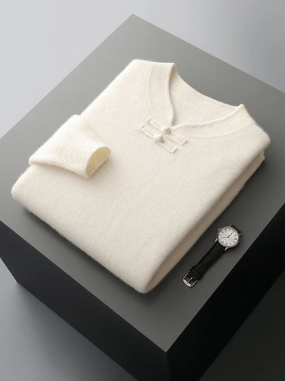 New Chinese Style Men's Pullover 100% Pure Wool Knit Sweater Autumn Winter Retro Stand Collar Long Sleeve Fashion Cashmere Tops