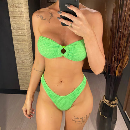 Wrinkled Bandeau High Cut Bikini Women Swimwear Female Swimsuit Two-pieces Bikini set Strapless Bather Bathing Suit Swim V3367