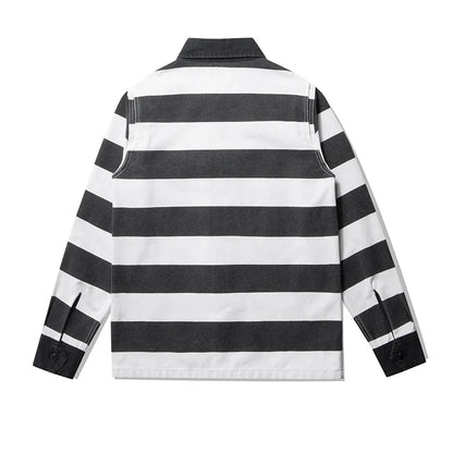 Amekaji Heavyweight Zebra Striped Jacket - Thick Canvas Motorcycle Biker Jacket Retro Workwear Coat