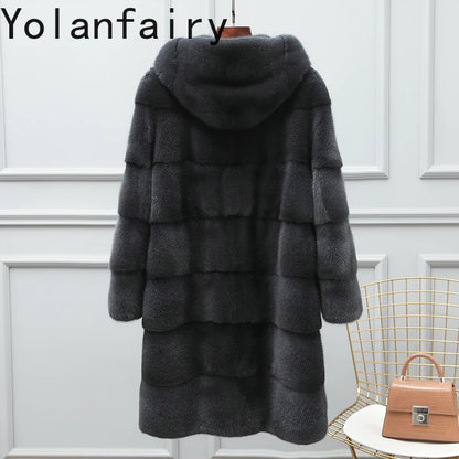 YOLANFAIRY Real Fur Coat Women Winter High Quality Mink Fur Jackets for Women Mid-length Natural Fur Coats Black Mink Jacket