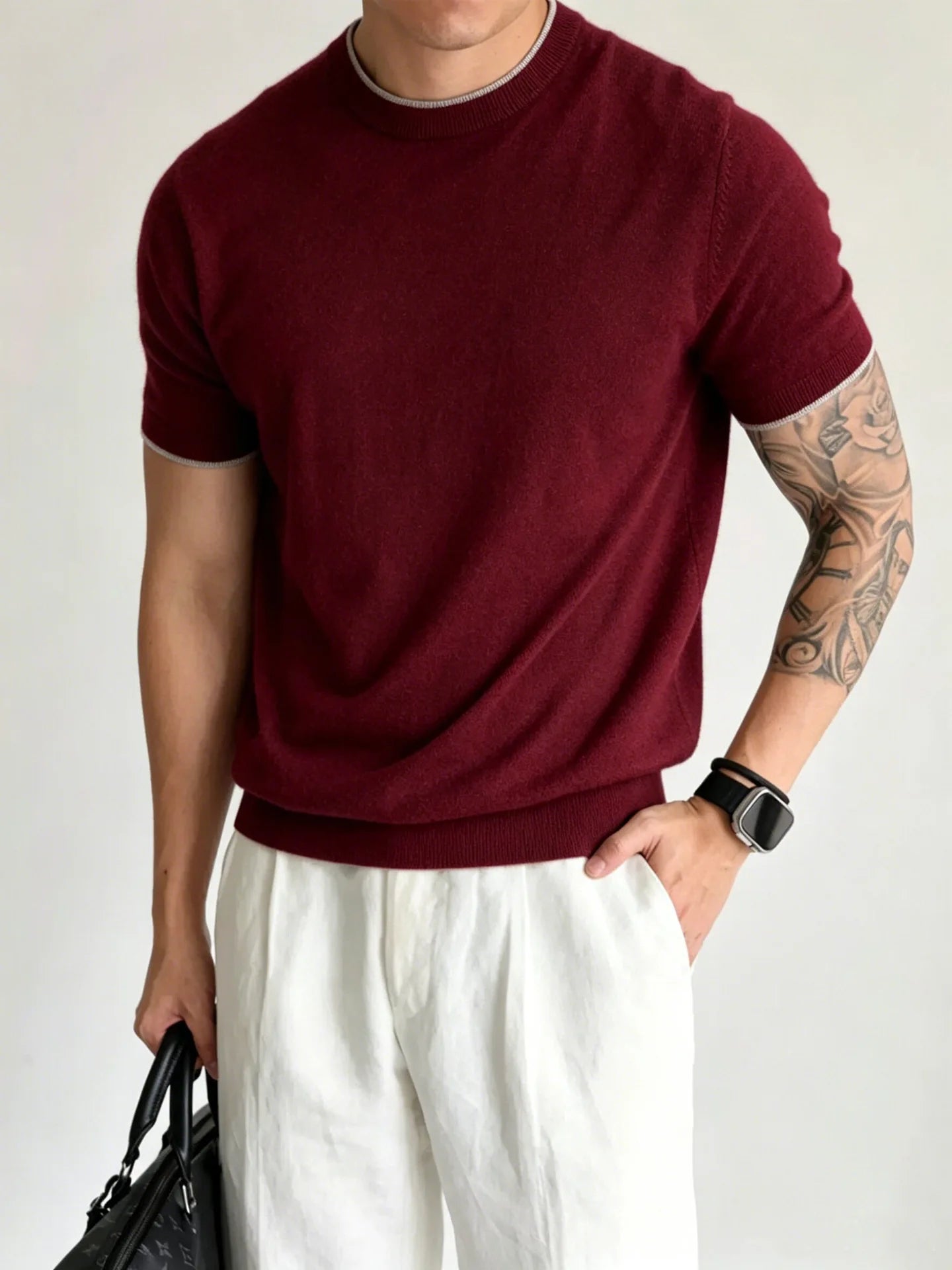 Light Luxury Cashmere Blend Anti Pilling Knitted Short Sleeved Round Neck T-shirt for Men, Retro Casual Business Summer Shirt