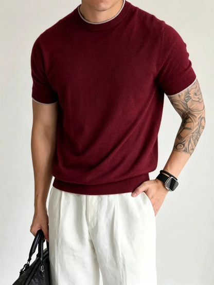 Light Luxury Cashmere Blend Anti Pilling Knitted Short Sleeved Round Neck T-shirt for Men, Retro Casual Business Summer Shirt