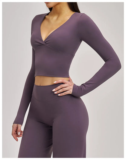 Deep-V Yoga Long Sleeve Solid Sports T-shirts Women's Gym Workout Shirts Sexy Quick Dry Fitness Long Sleeve Female Yoga Shirts